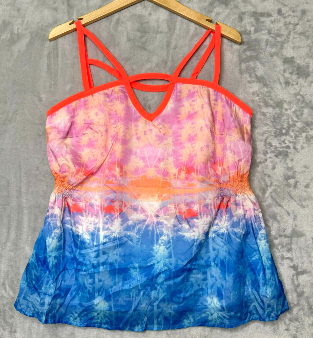 City Chic Top Womens 14 Keyhole Cage Strap Tank Ombre Palm Print Tropical Resort